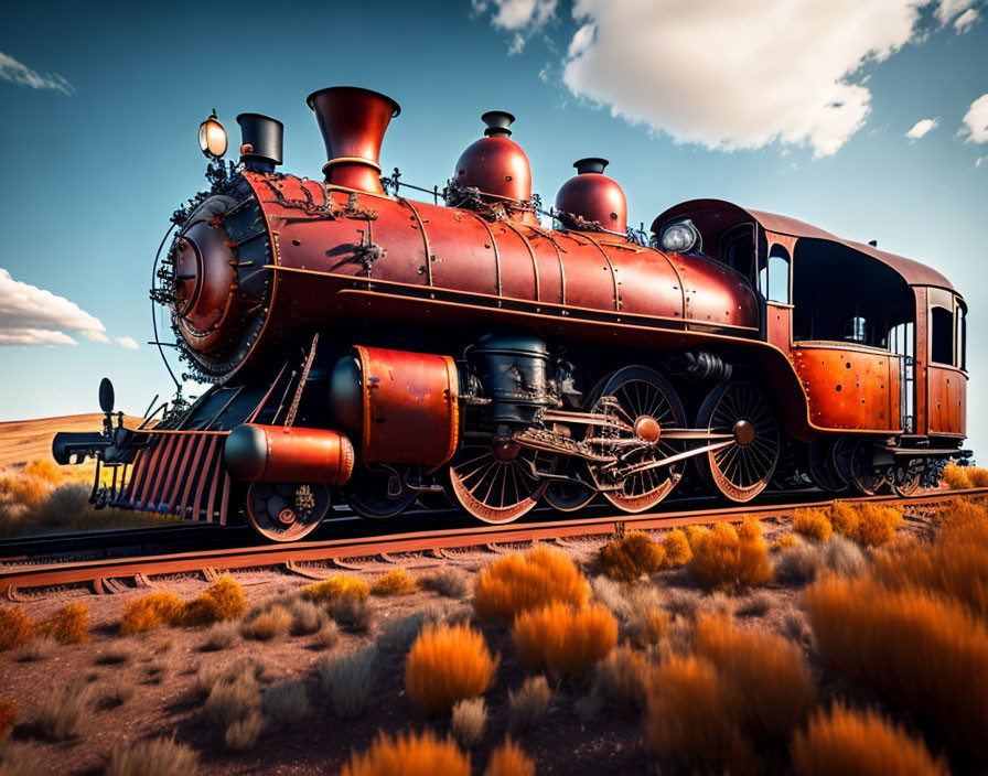 Vintage Steam Locomotive on Tracks in Dry Grass Under Blue Sky