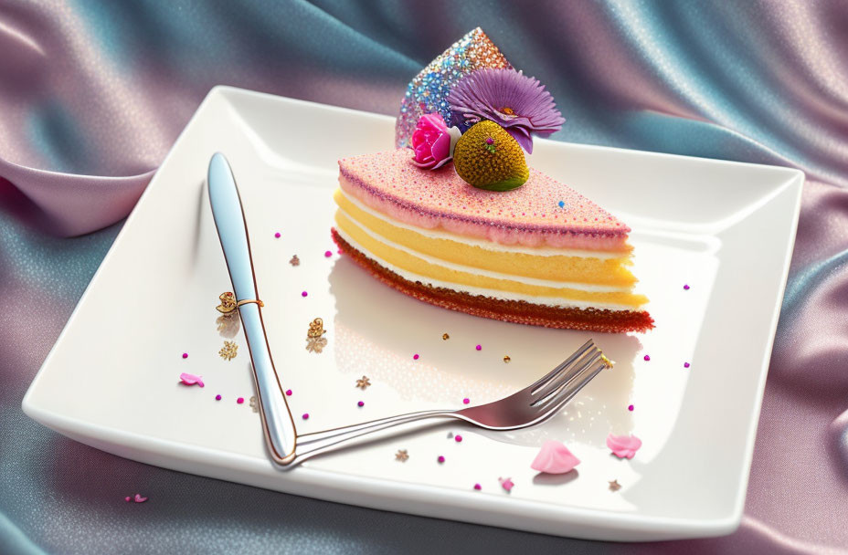 Colorful Layered Cake Slice with Gold Fork and Pink Flower on White Plate