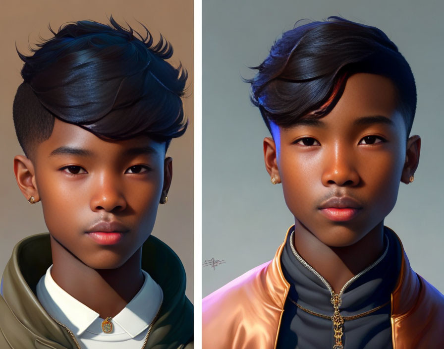 Stylized young boy in two portraits with varied lighting and jacket colors