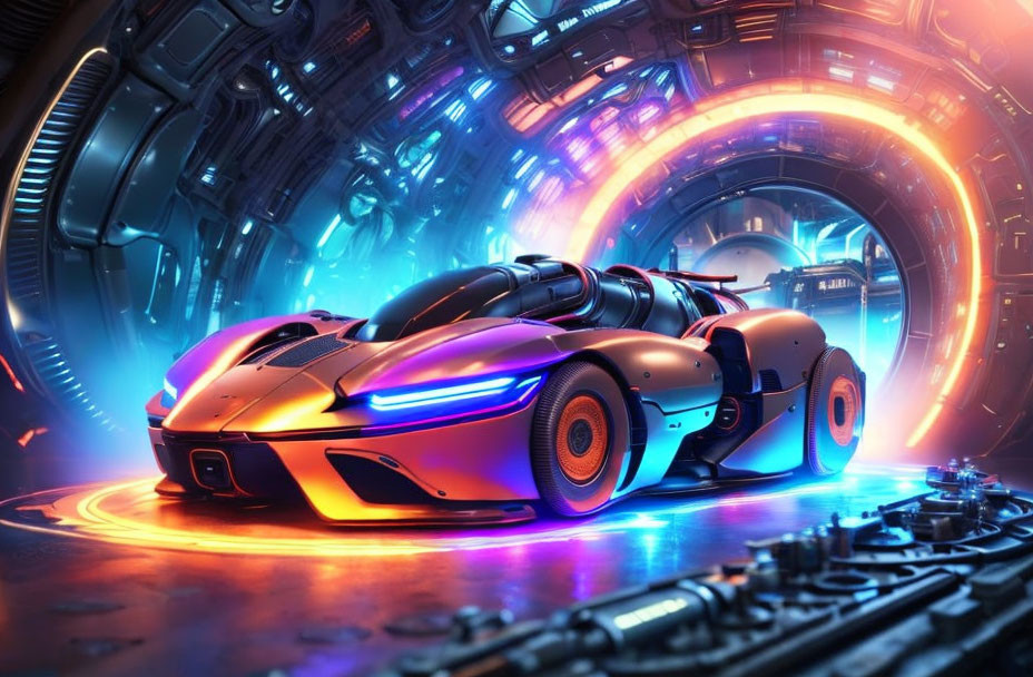 Futuristic car with sleek design in vibrant sci-fi corridor