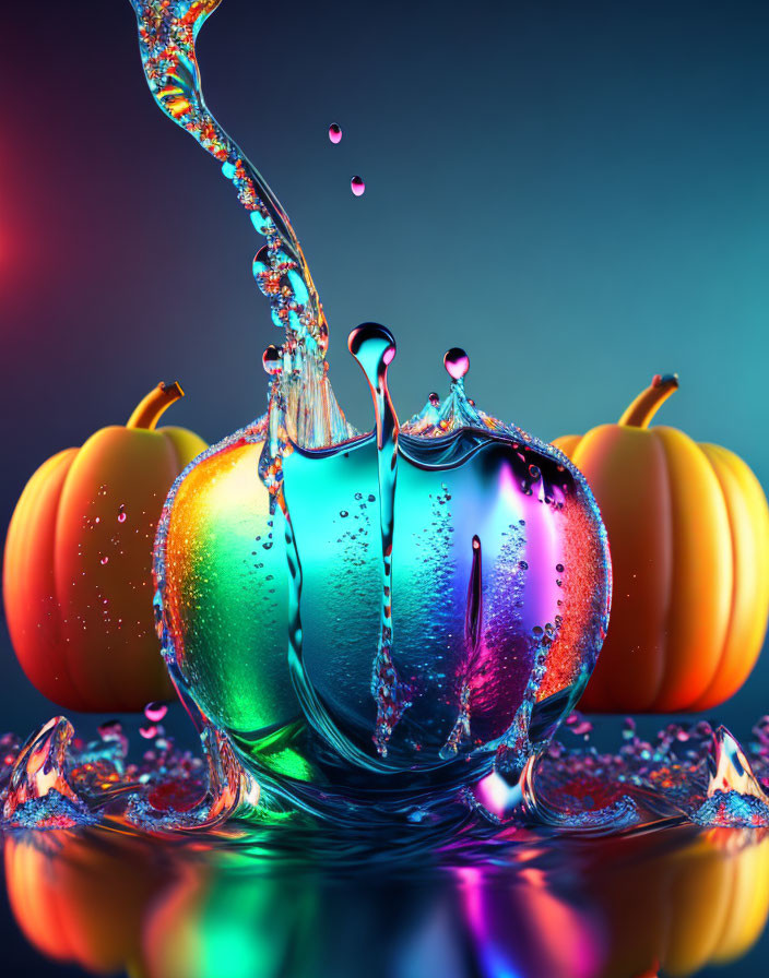 Colorful Water Splash Around Transparent Pumpkin on Reflective Surface