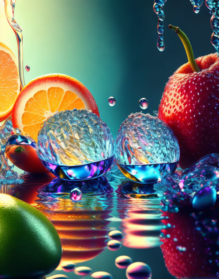 Colorful Citrus Still Life with Water Splashes and Glass Spheres