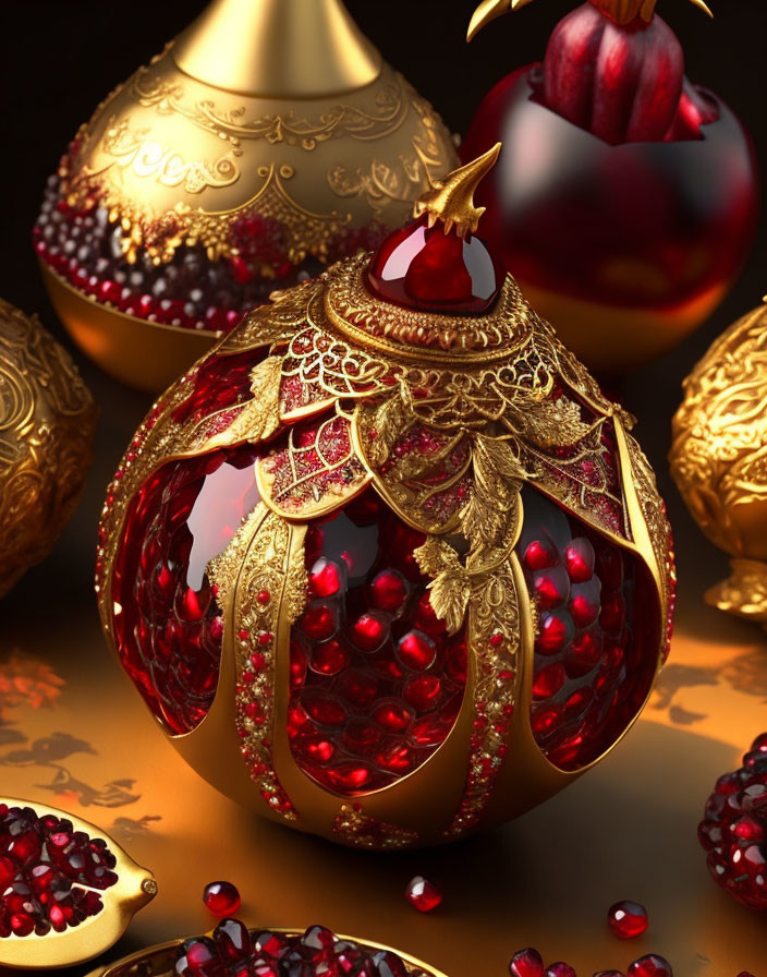 Intricate Golden Christmas Ornaments with Pomegranate Seeds on Dark Background