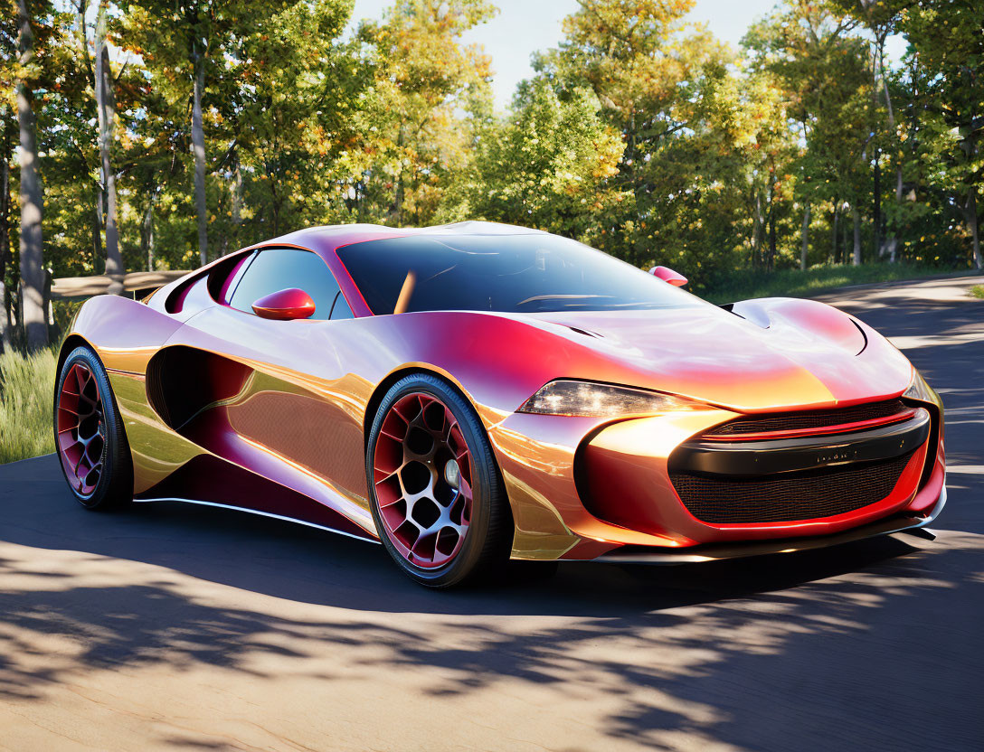 Shiny red and gold gradient sports car in nature setting