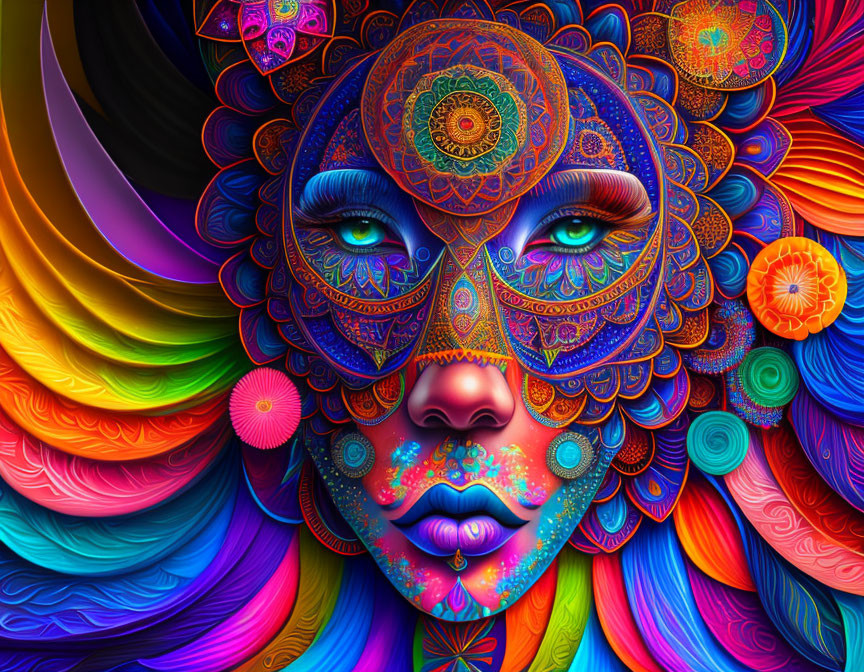 Colorful Psychedelic Mandala Artwork Featuring Woman's Face