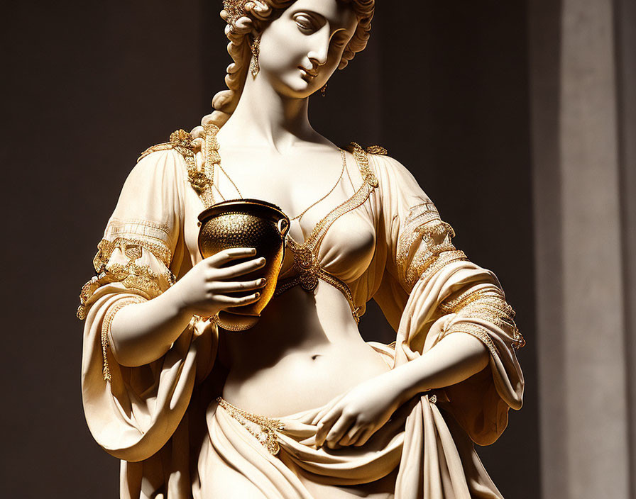 Detailed sculpture of woman in classical robes with braided hair and vessel