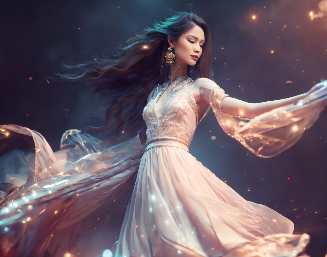 Woman in flowing dress with sparkling lights against mystical dark background