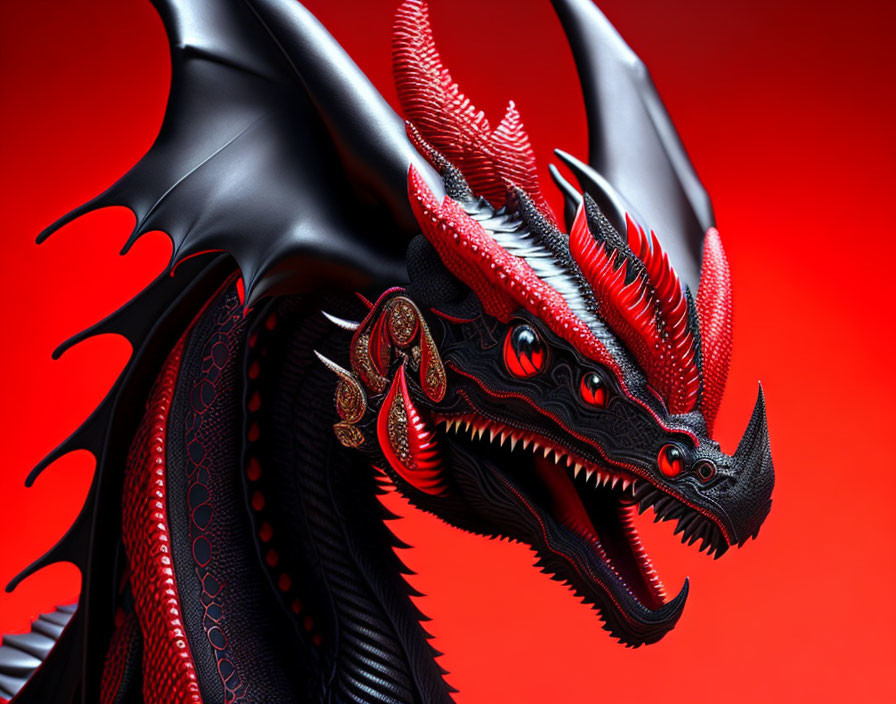 Detailed Black and Red Dragon Illustration with Scales and Horns