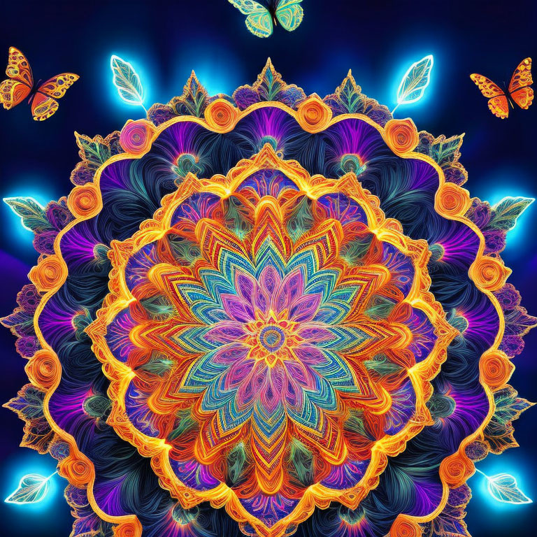 Colorful Neon Mandala with Psychedelic Butterflies on Dark Blue Background