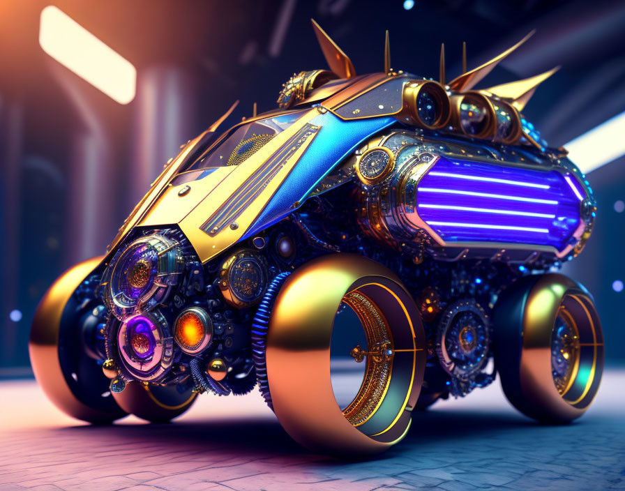 Futuristic armored vehicle with golden rims in neon-lit sci-fi setting