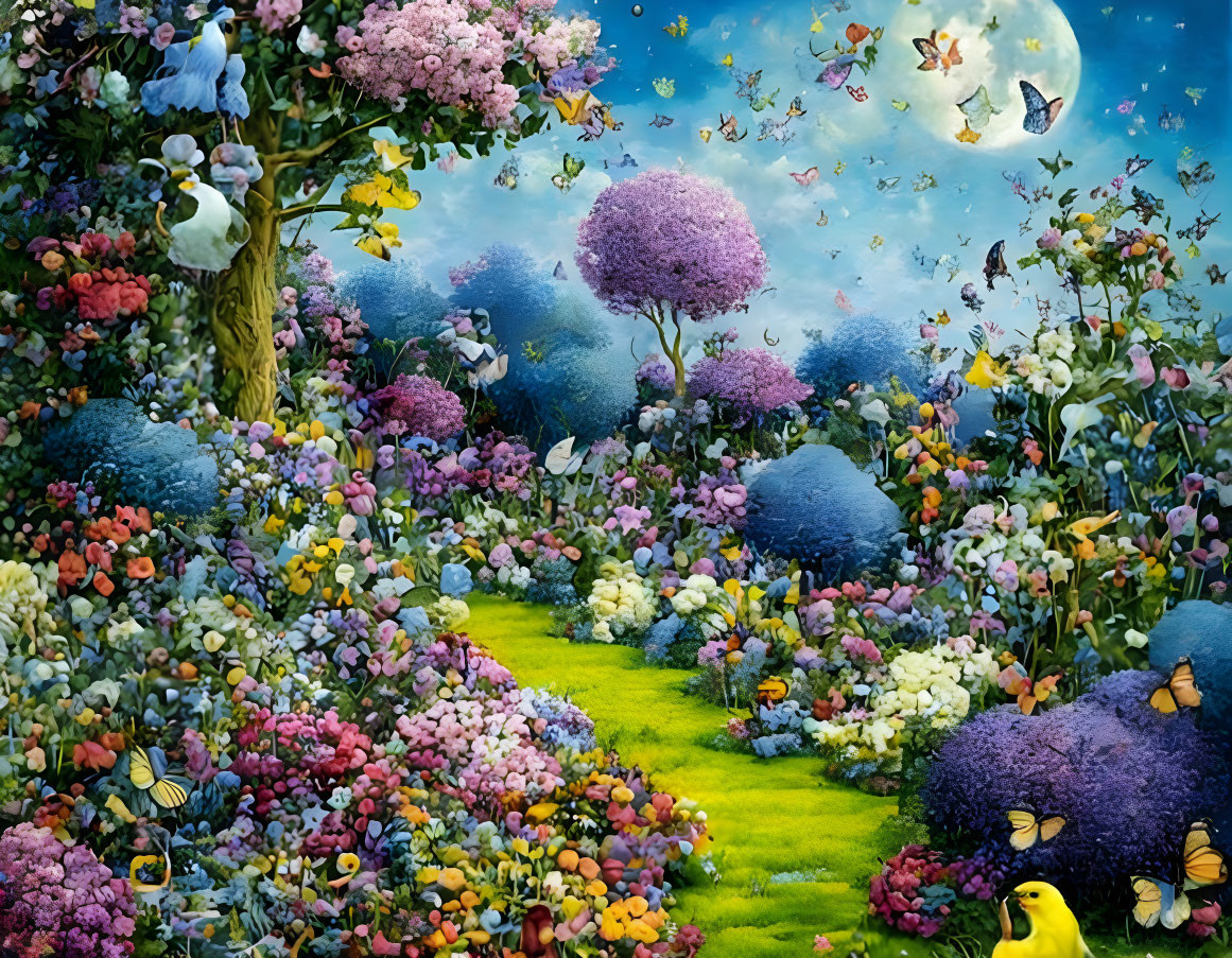 Colorful Flower Garden with Butterflies, Birds, and Moon