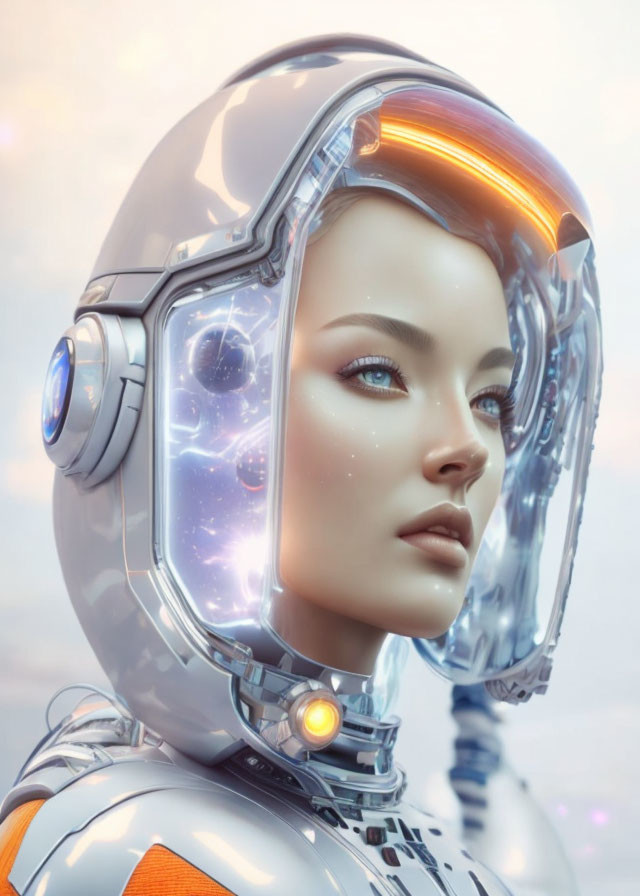 Futuristic female android in reflective helmet and intricate mechanical suit