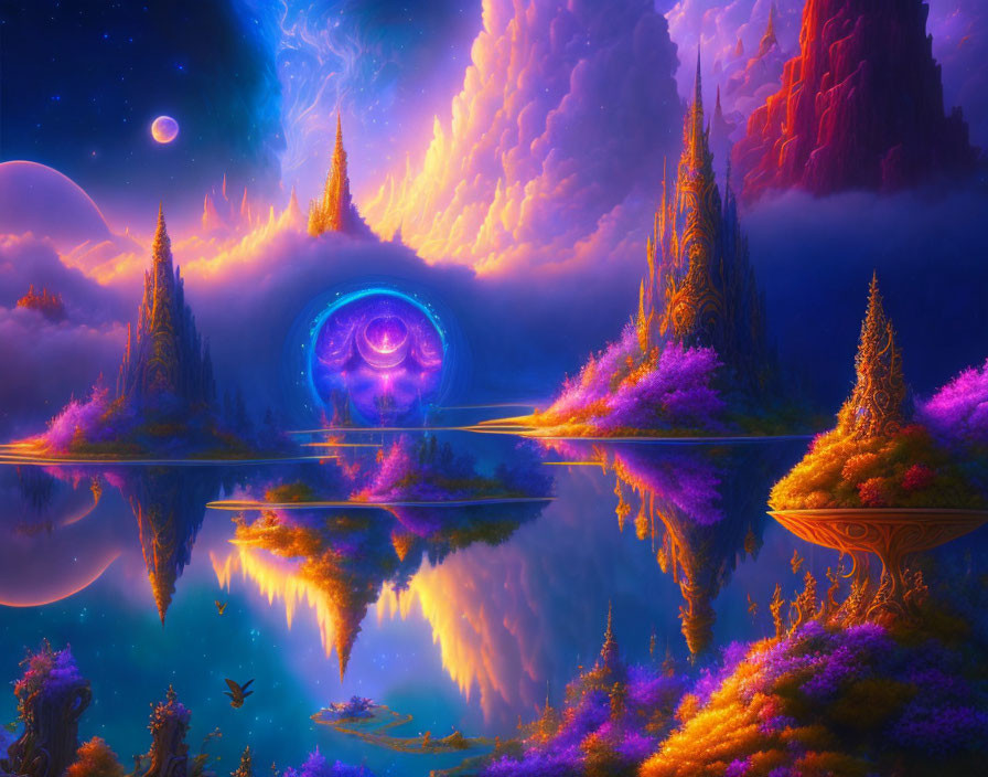 Fantasy landscape with purple foliage, reflective lake, mystical structures