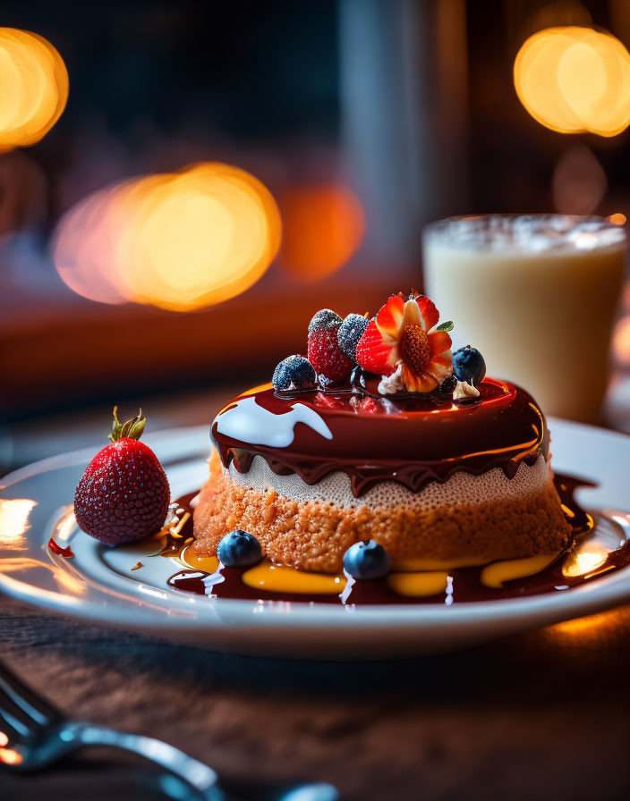 Glazed Berry Dessert with Milk on Bokeh Background