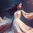 Woman in flowing dress with sparkling lights against mystical dark background