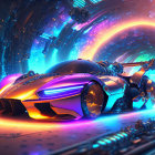 Futuristic car with sleek design in vibrant sci-fi corridor