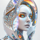 Futuristic female android in reflective helmet and intricate mechanical suit