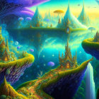 Fantasy landscape with floating islands, waterfalls, mystical buildings, and luminescent environment