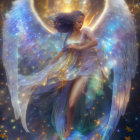 Glowing angelic figure with radiant wings in ethereal setting