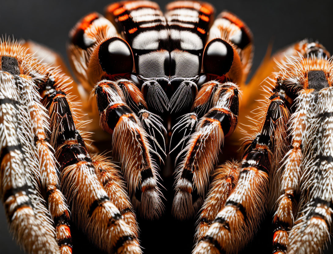 Detailed view of spider with patterned abdomen, hairy legs, eyes, and fangs