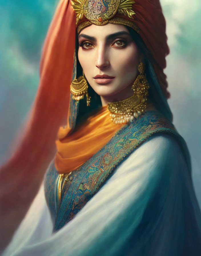 Woman with Striking Eyes in Vibrant Orange Turban and Blue Garment