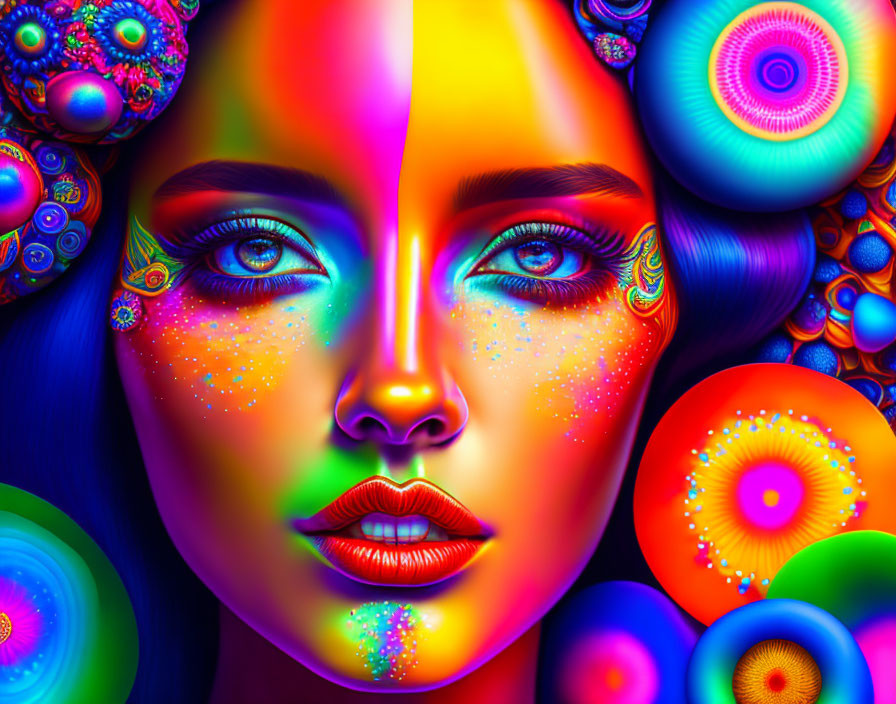 Colorful digital artwork: Woman's face with vibrant blue, orange, and pink hues