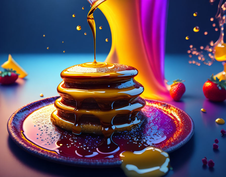 Colorful Plate with Pancakes, Syrup, and Strawberries in Moody Lighting