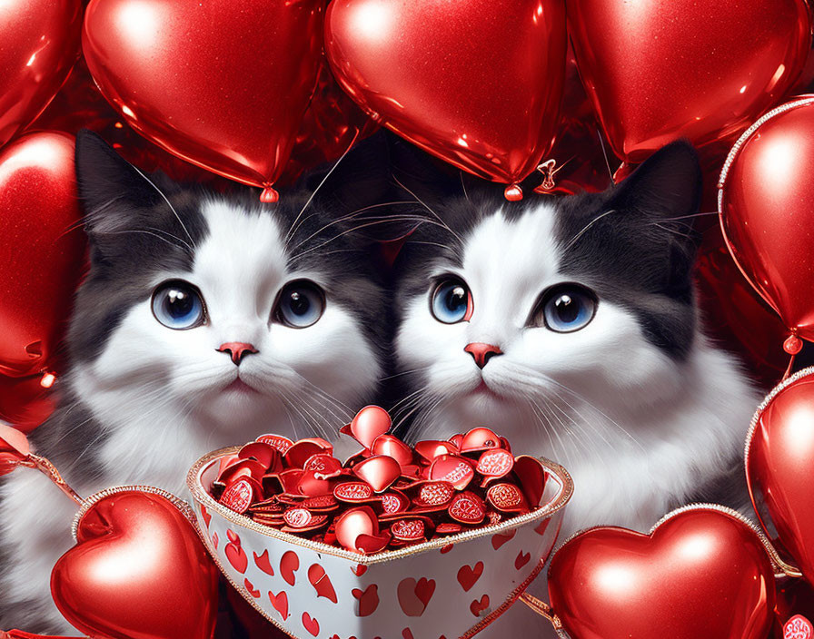 Black and White Cats with Blue Eyes and Heart Balloons and Box