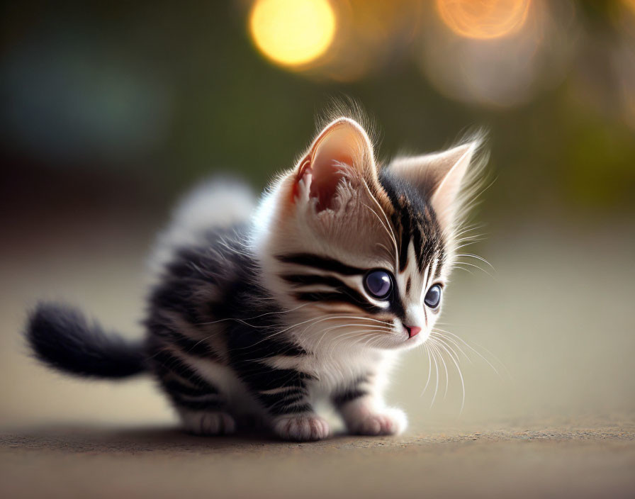 Curious black and white kitten with expressive eyes in soft bokeh background