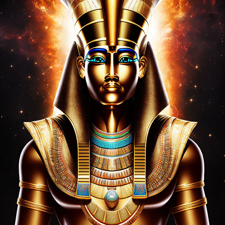 Ancient Egyptian Pharaoh Digital Illustration with Cosmic Backdrop