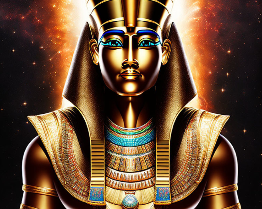 Ancient Egyptian Pharaoh Digital Illustration with Cosmic Backdrop