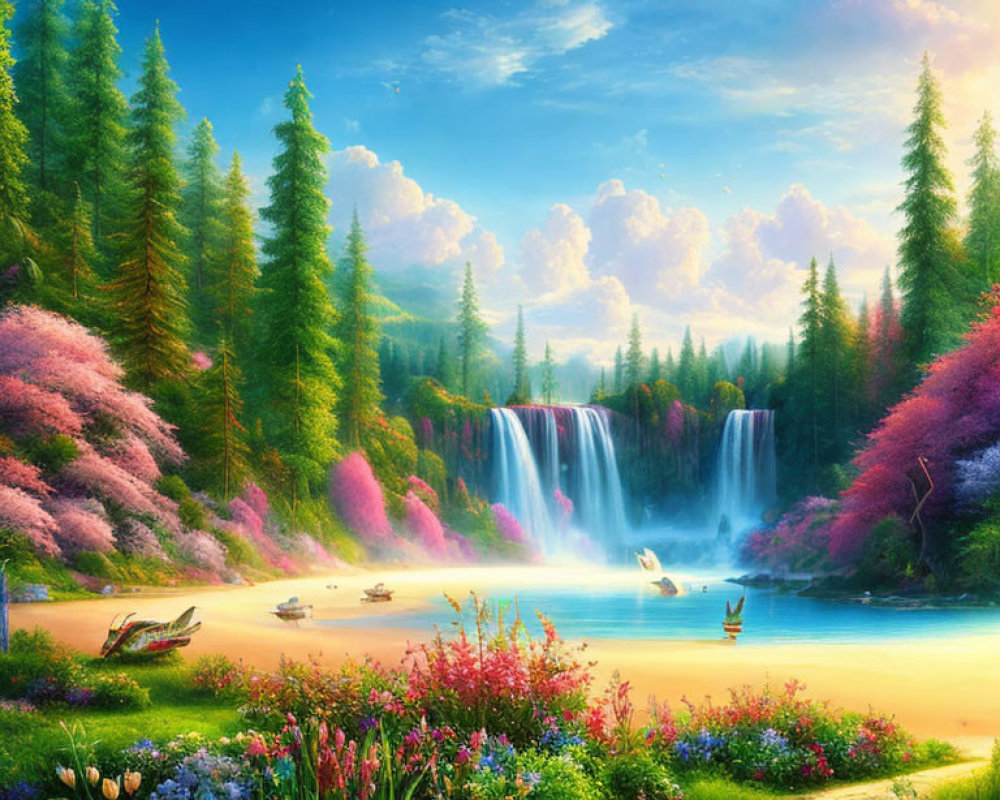 Colorful Landscape with Waterfall, Flora, Lake, Boat, and Birds