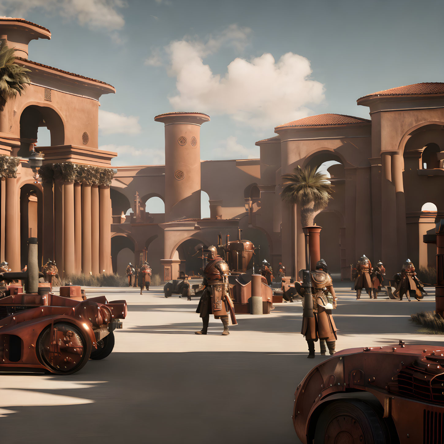 3D-rendered scene: Armored figures in ancient plaza