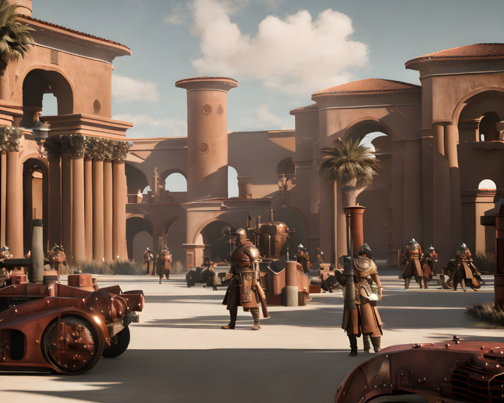 3D-rendered scene: Armored figures in ancient plaza