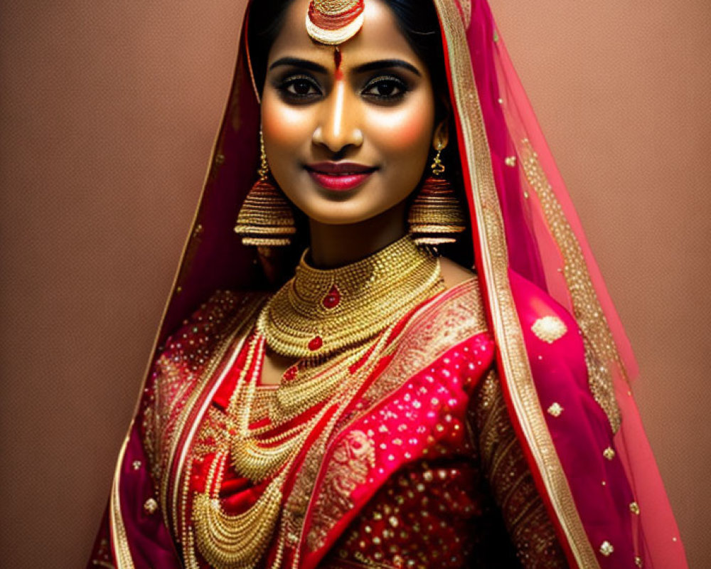 Traditional Indian Bridal Attire with Gold Jewelry and Red Lehenga