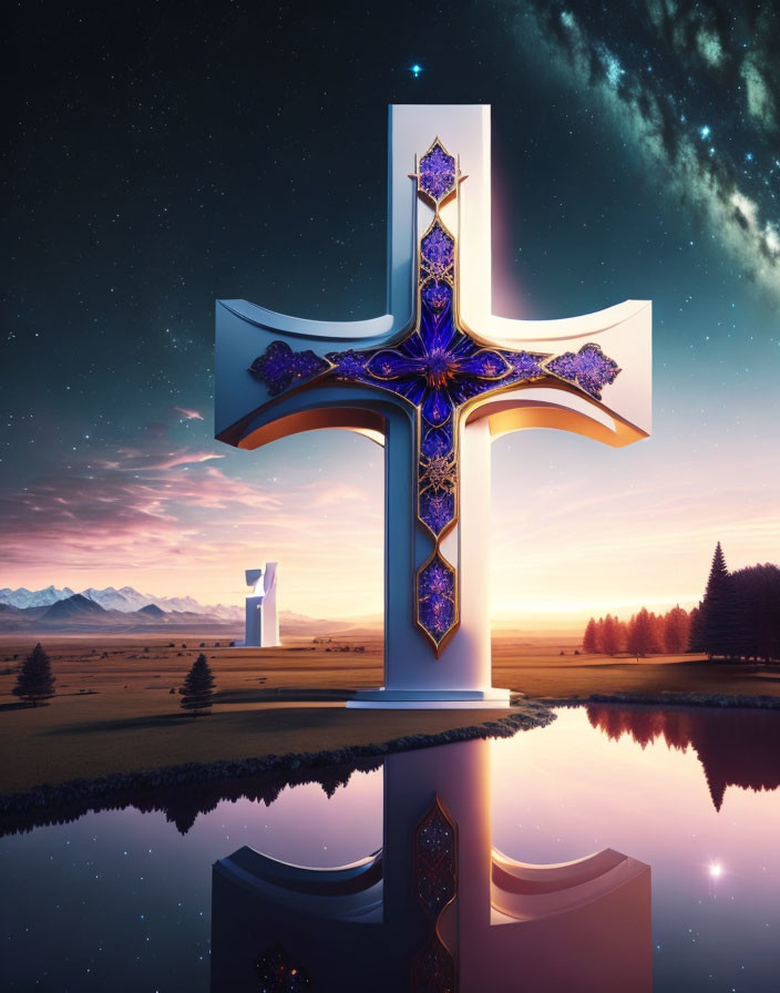 Ornate Cross by Tranquil Lake at Twilight