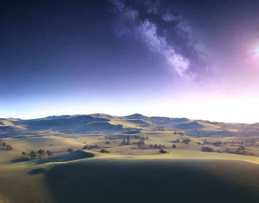 Tranquil desert landscape at twilight with sand dunes and starry sky