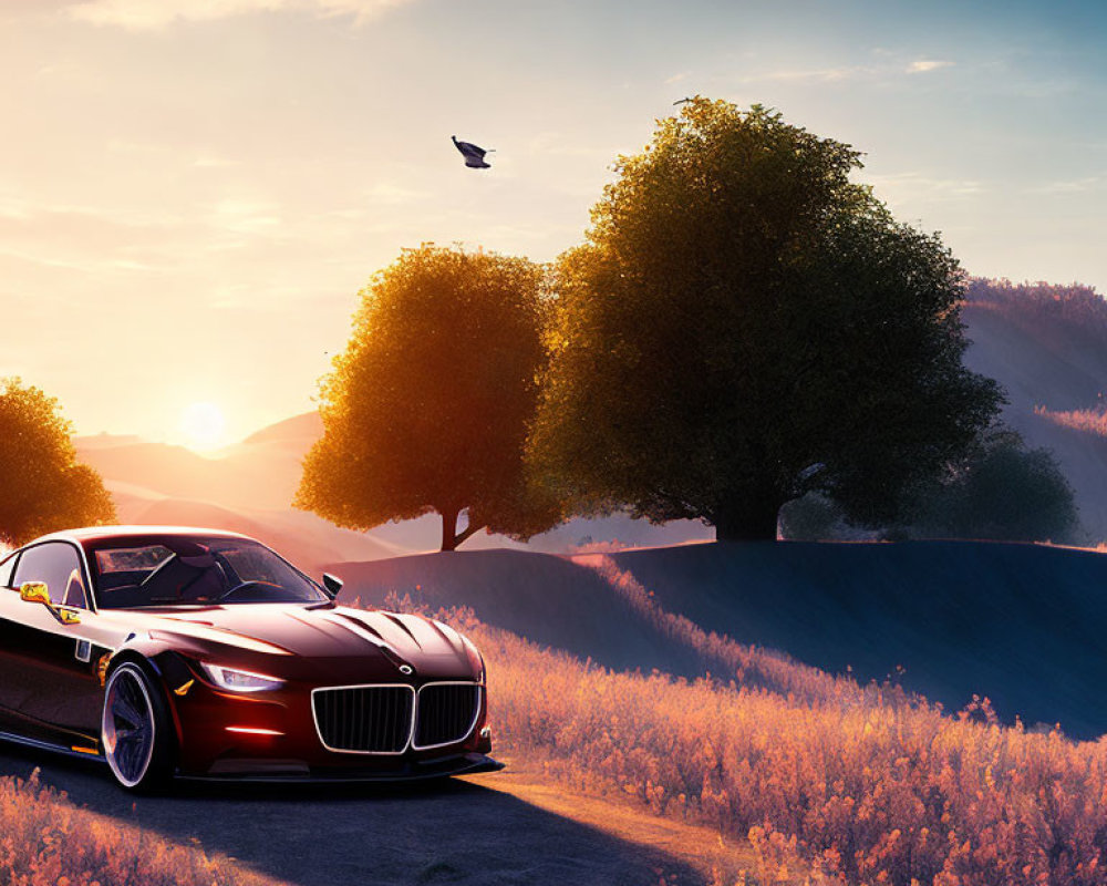 Sports car driving on curvy road through scenic landscape at golden hour