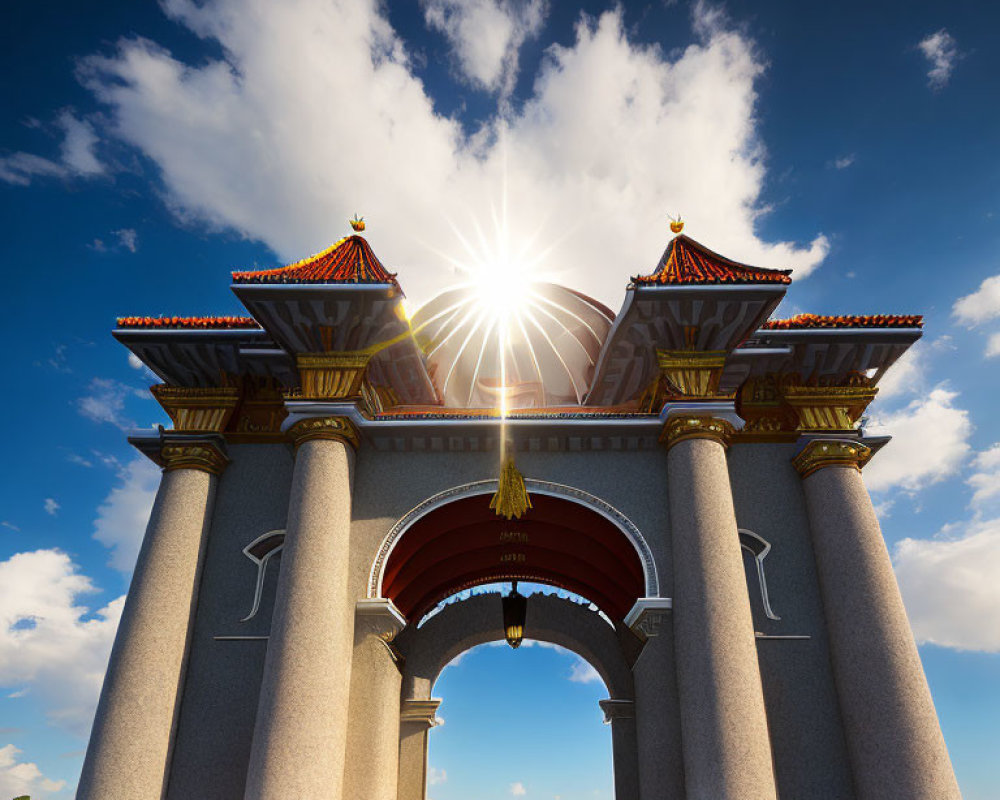 Ornate gate with red roofs and golden details under blue sky