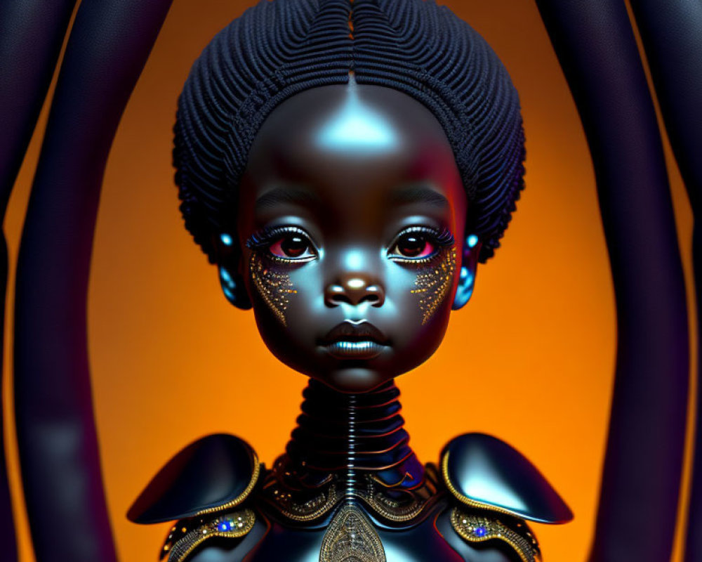 Child with Dark Skin and Blue Eyes in Futuristic Armor on Orange Background