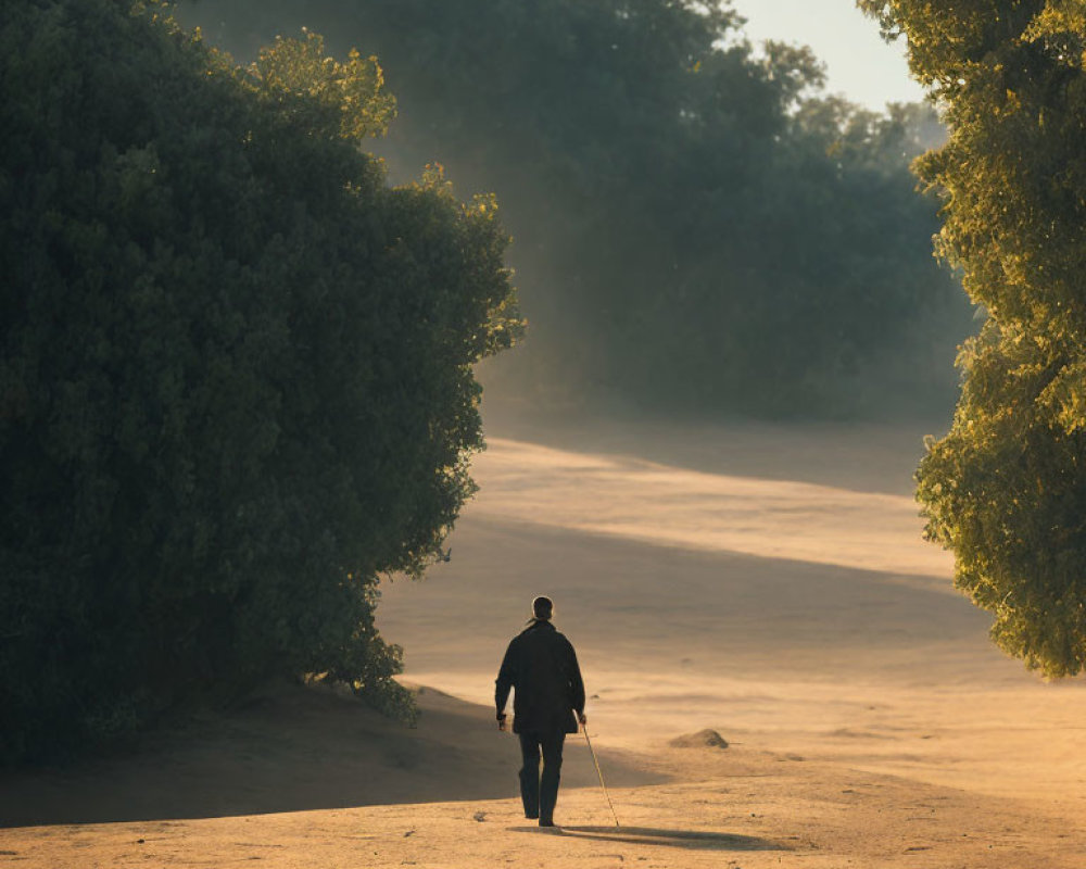 Solitary figure walking in sunlit tree-lined path with long shadow and walking stick