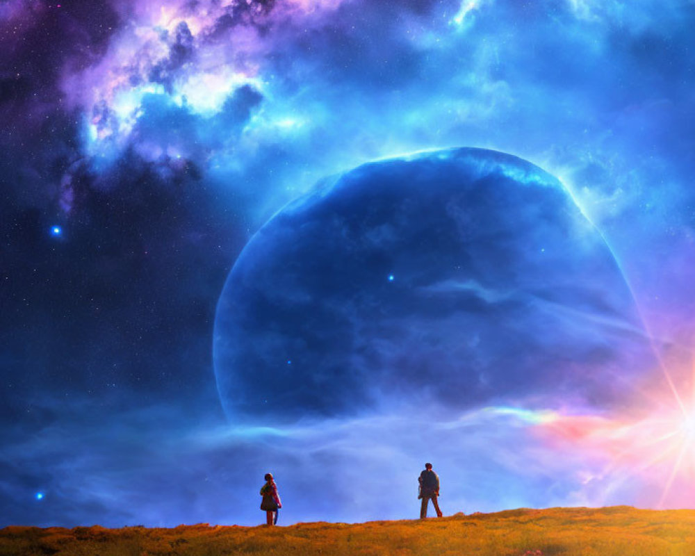 Three people on grassy hill under vibrant cosmic sky with large planet and nebula, bright celestial body