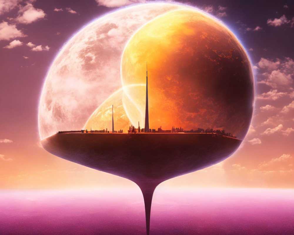 Futuristic city on floating platform with giant two-toned planet in twilight sky