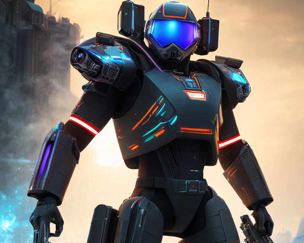 Blue Visor Futuristic Robot with Shoulder-Mounted Weaponry in Industrial Setting