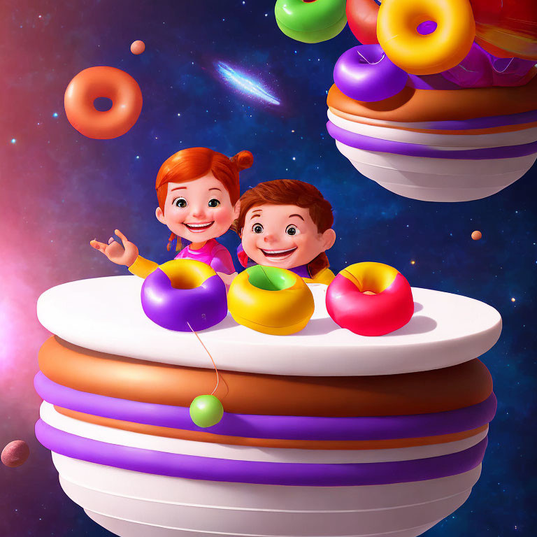 Colorful rings and whimsical outer space scene with animated children and floating doughnuts.