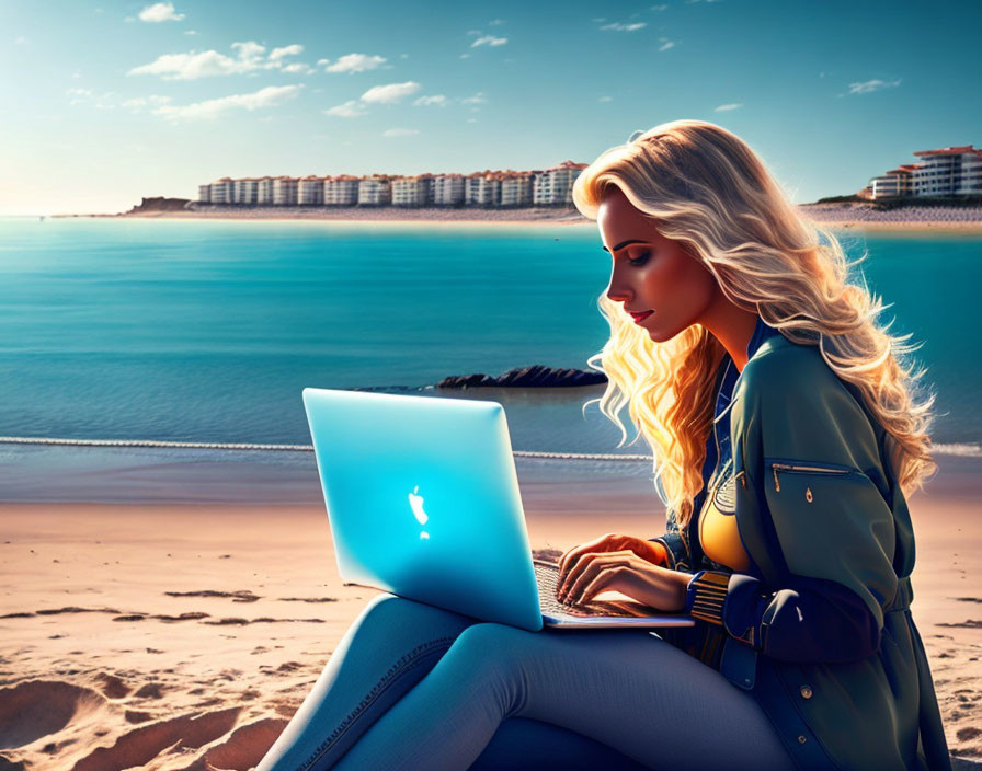 Woman working on laptop at beach with coastal buildings and blue skies