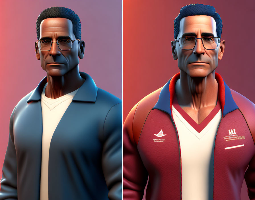 Stylized 3D-rendered male character in blue and red jackets