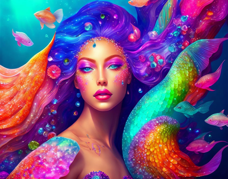 Colorful Mermaid Illustration with Rainbow Hair in Underwater Scene