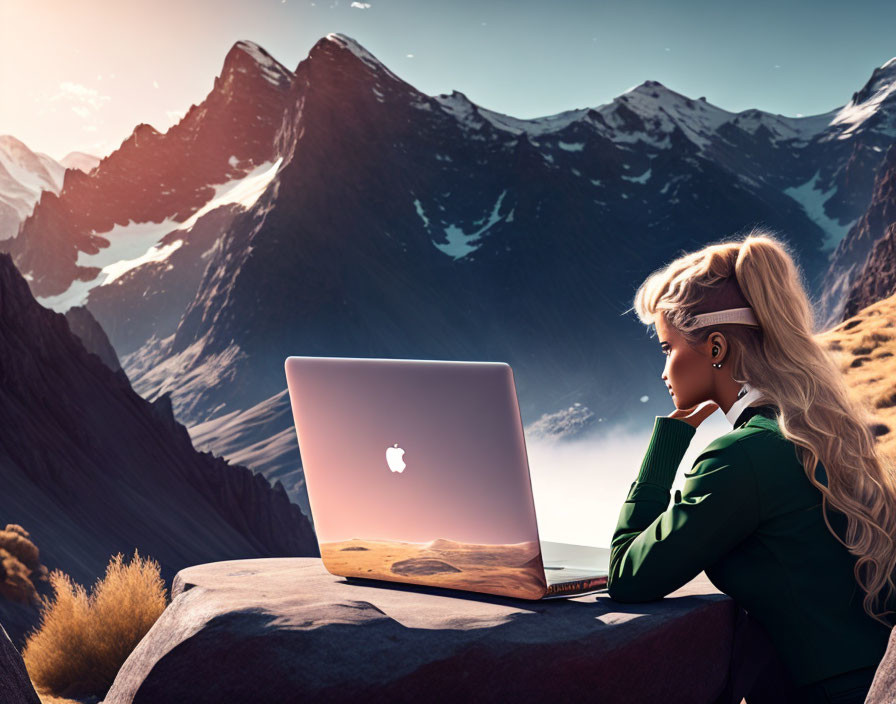 Professional working on laptop with mountain backdrop