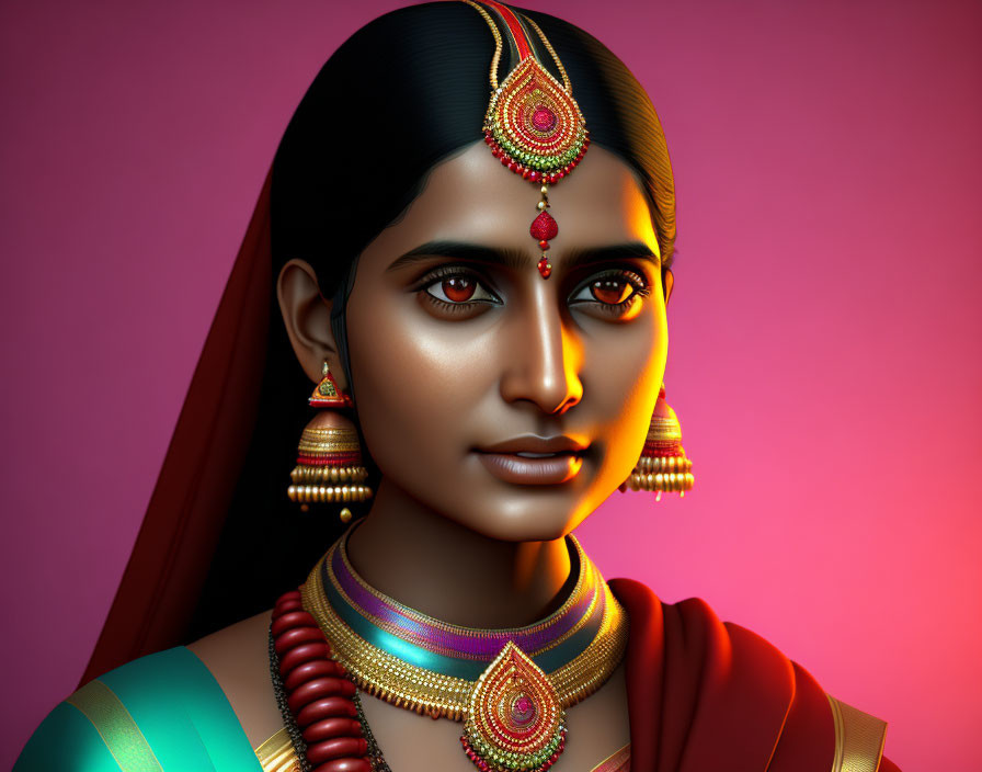 3D-rendered image: Woman in traditional Indian jewelry on pink background